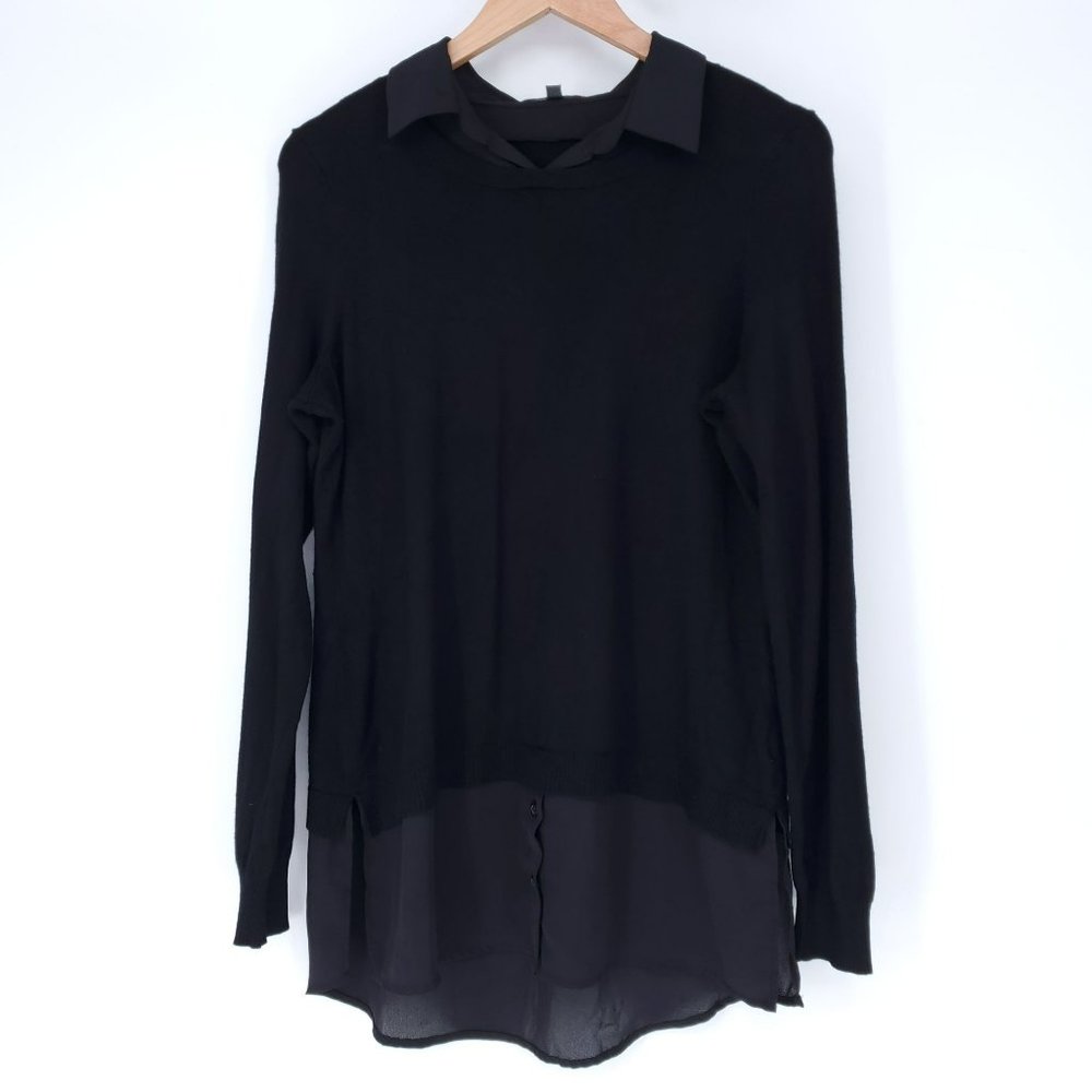 Adrianna Papell Blouse Womens Medium Layered Black Knit Sweater Collared